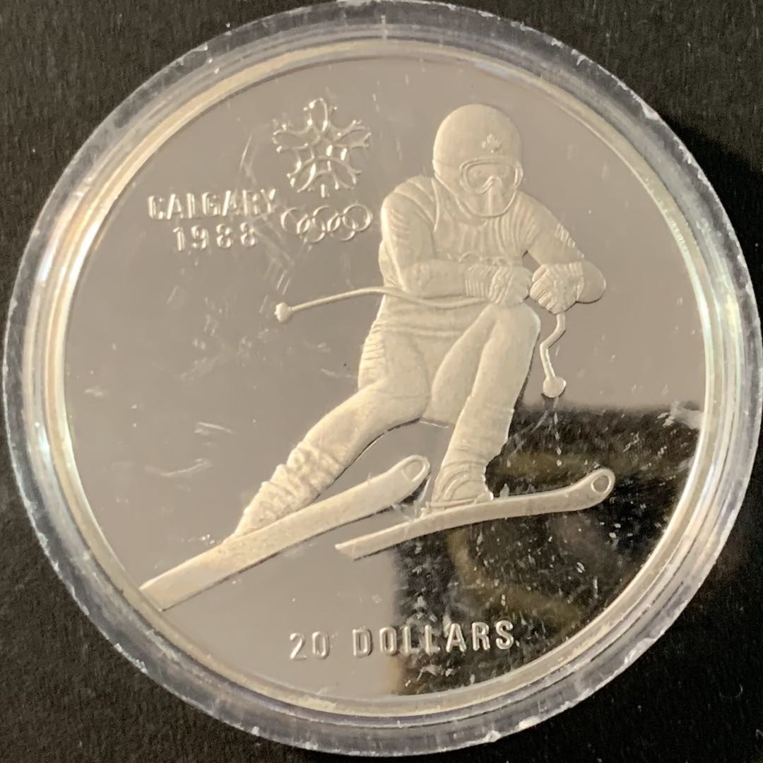 紫瑗钱币—微拍第71期  加拿大 1985年 卡尔加里冬奥运 越野滑雪 20元 银币 34.1克 0925银 精制