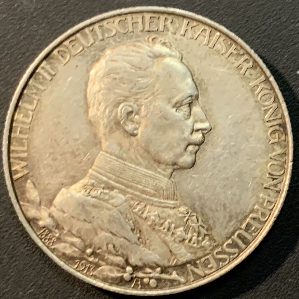 紫瑗钱币—微拍第71期  德国 普鲁士 1913年 军装 2马克 11.11克 0.9银