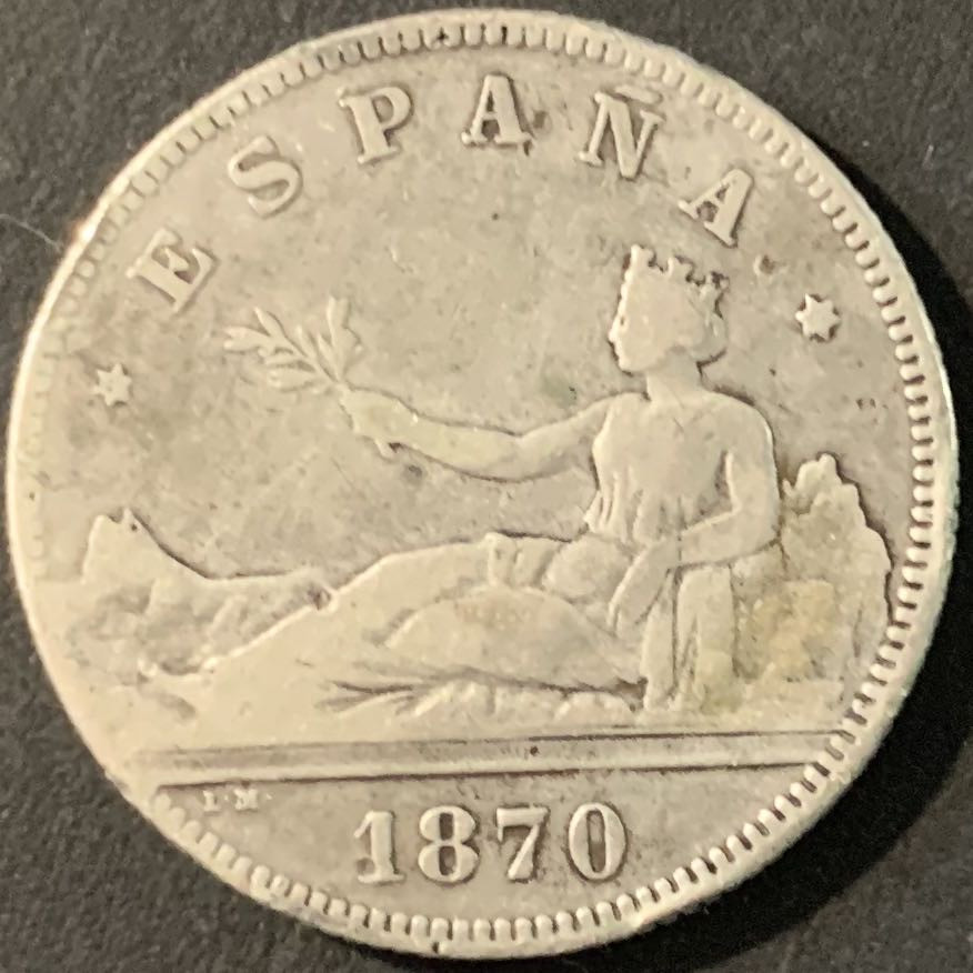 紫瑗钱币—微拍第71期  西班牙 1870年 拿花 2比塞塔 10克 0.835银