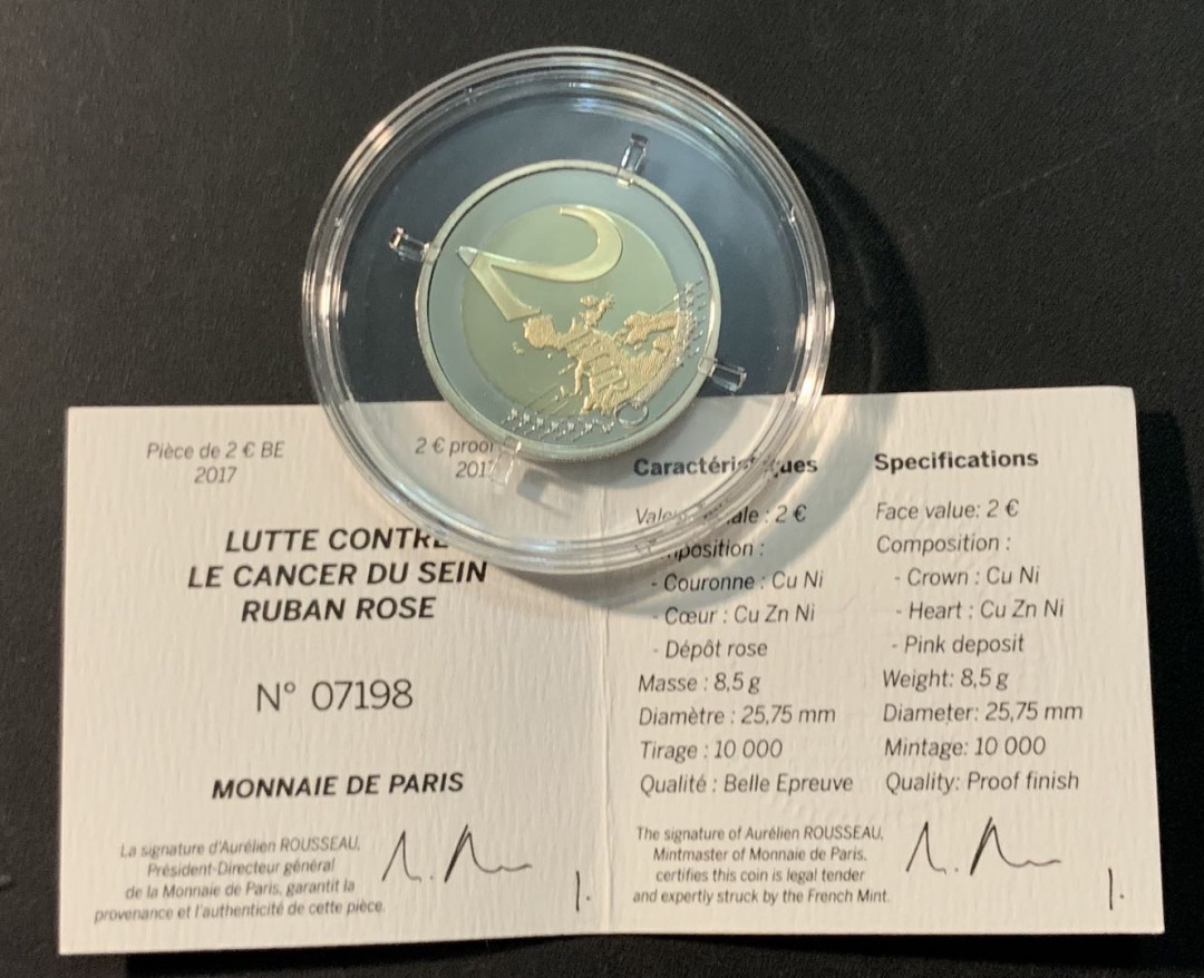 紫瑗钱币—微拍第71期  法国 2017年 防治乳腺癌粉红丝带运动25周年 2欧元 双色纪念币 精制 原盒证书