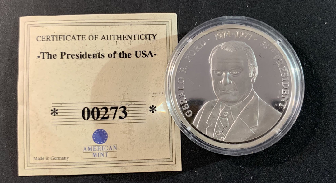 紫瑗钱币—微拍第71期  美国 1998年 第38任 总统 杰拉尔德·福特 银章 20克 0.999银 精制 带证书