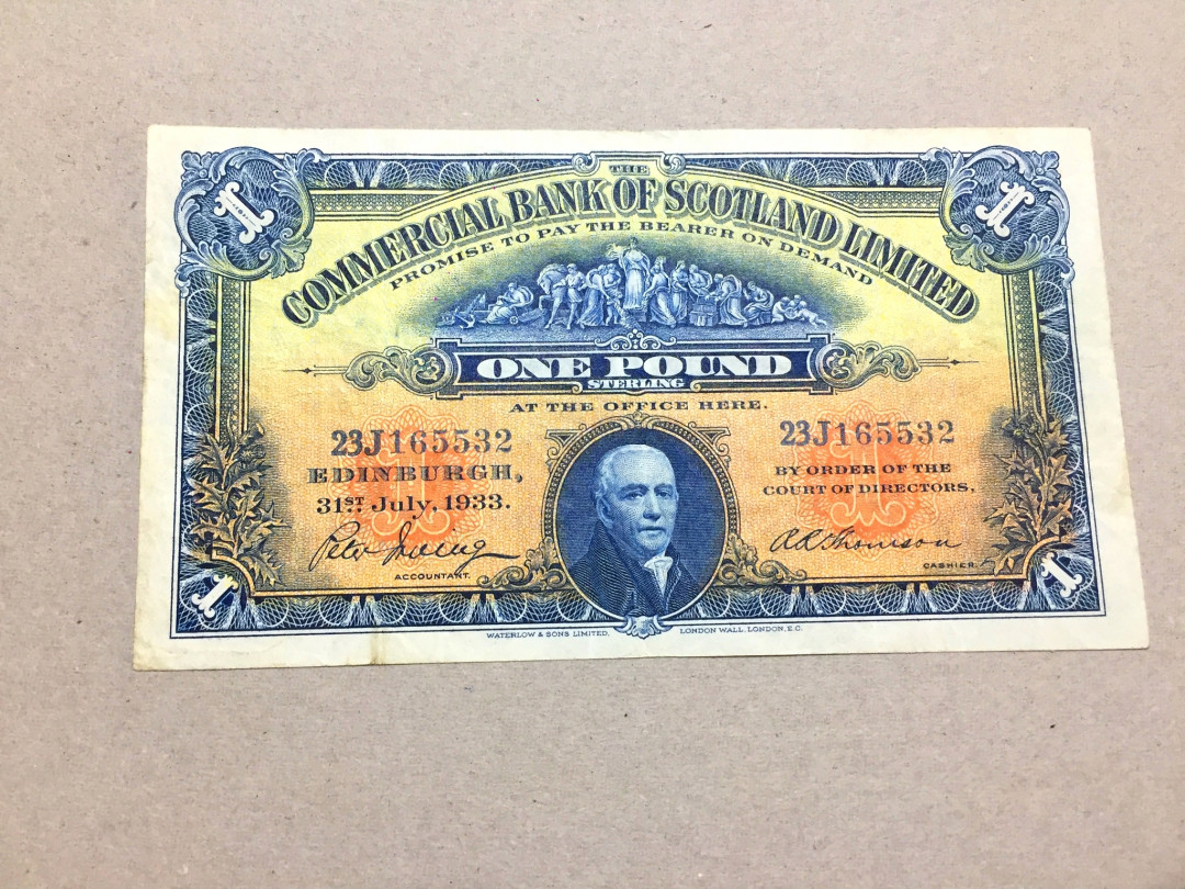 【收藏联盟】第143期拍卖——毒蛇传说（共60拍） 【早期版本】苏格兰 商业银行 1933年1镑 a版稀少 VF 品相如图 目录价75美金