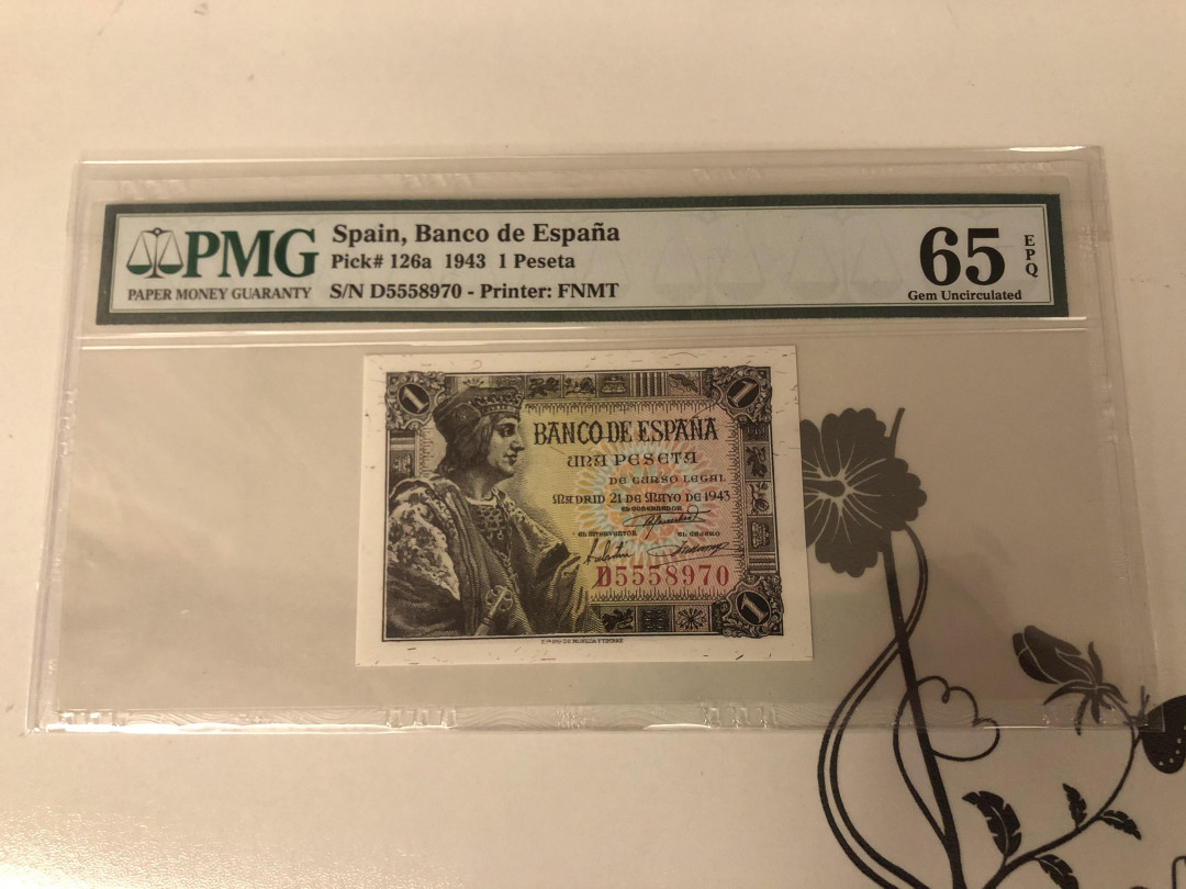 【收藏联盟】第143期拍卖——毒蛇传说（共60拍） 【一组2张】西班牙 1935年10比塞塔 PMG64EPQ&西班牙 1943年1比塞塔 PMG65EPQ 