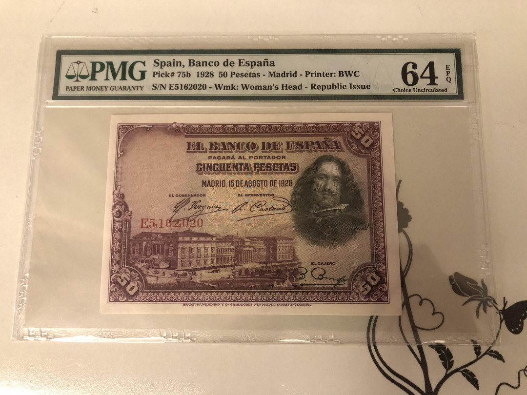 【收藏联盟】第143期拍卖——毒蛇传说（共60拍） 西班牙 1928年50比塞塔 PMG64EPQ BWC出品