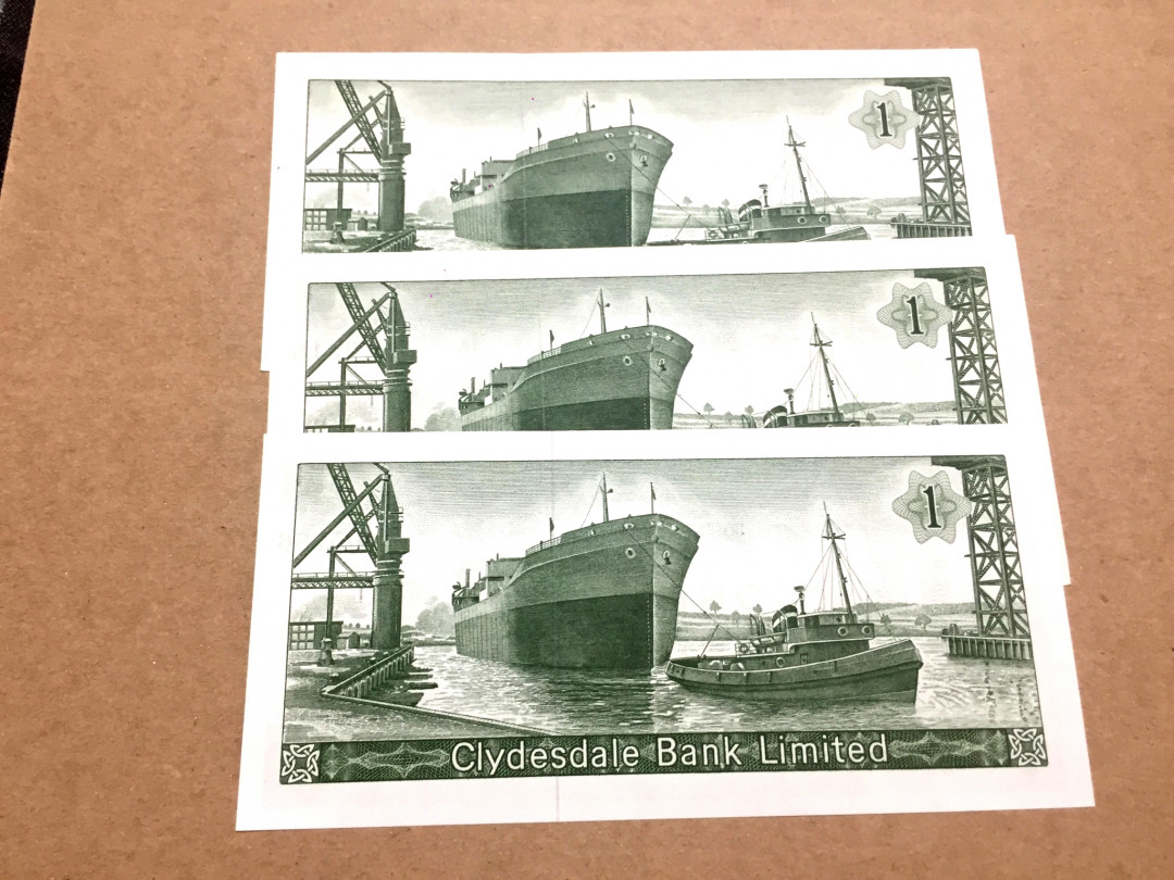 【收藏联盟】第143期拍卖——毒蛇传说（共60拍） 【一组3张】苏格兰 克莱斯戴尔银行 1965-66年 1镑 全新UNC 背面大船 雕刻精美 非常漂亮 