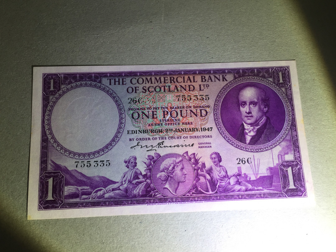 【收藏联盟】第143期拍卖——毒蛇传说（共60拍） 苏格兰 商业银行 1947年1镑 UNC- （边缘有几点小黄）稀少 双雕非常精美 
