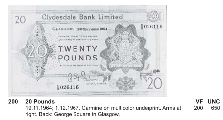 【收藏联盟】第143期拍卖——毒蛇传说（共60拍） 苏格兰 1967年20镑 大票幅高值 背面广场非常漂亮 雕刻精美 稀少 VF-XF品相如图