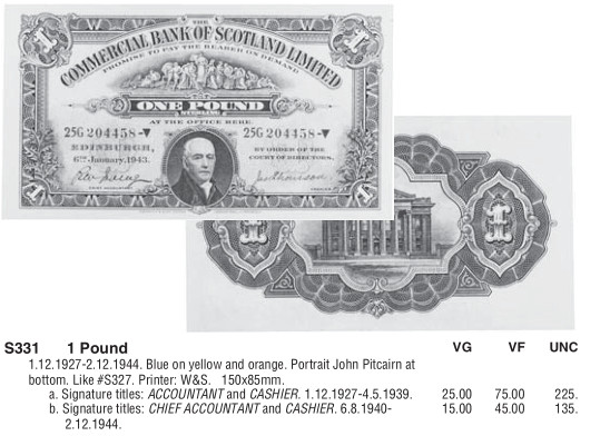 【收藏联盟】第143期拍卖——毒蛇传说（共60拍） 【早期版本】苏格兰 商业银行 1933年1镑 a版稀少 VF 品相如图 目录价75美金