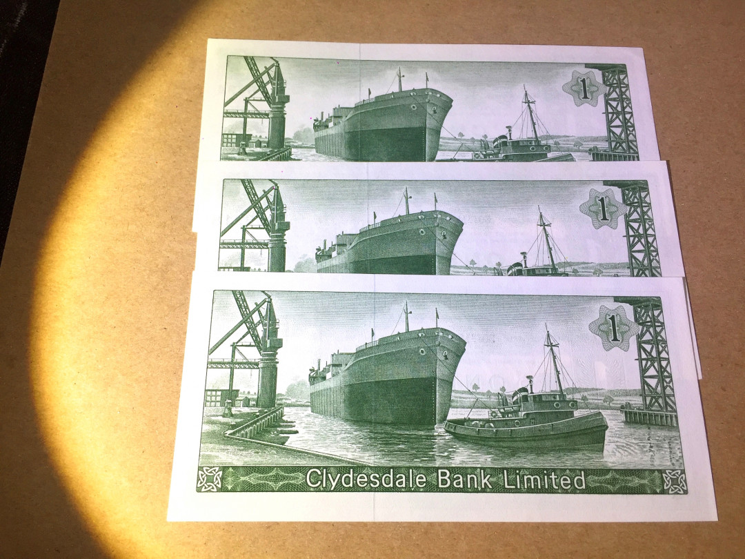 【收藏联盟】第143期拍卖——毒蛇传说（共60拍） 【一组3张】苏格兰 克莱斯戴尔银行 1965-66年 1镑 全新UNC 背面大船 雕刻精美 非常漂亮 