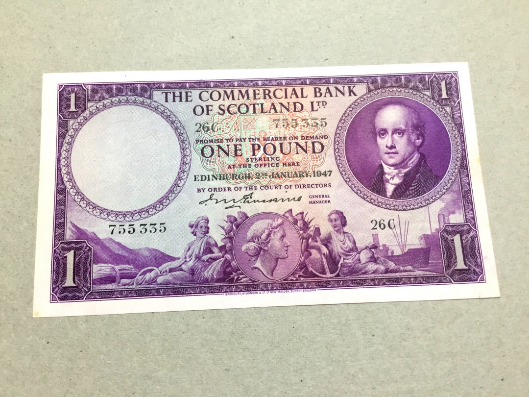 【收藏联盟】第143期拍卖——毒蛇传说（共60拍） 苏格兰 商业银行 1947年1镑 UNC- （边缘有几点小黄）稀少 双雕非常精美 