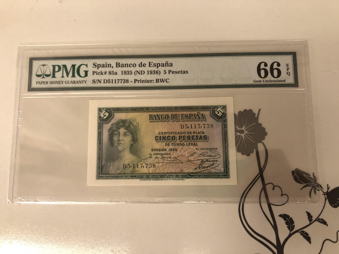 【收藏联盟】第143期拍卖——毒蛇传说（共60拍） 【一组2张】西班牙 1935年10比塞塔 PMG64EPQ&西班牙 1935年5比塞塔 PMG66EPQ 