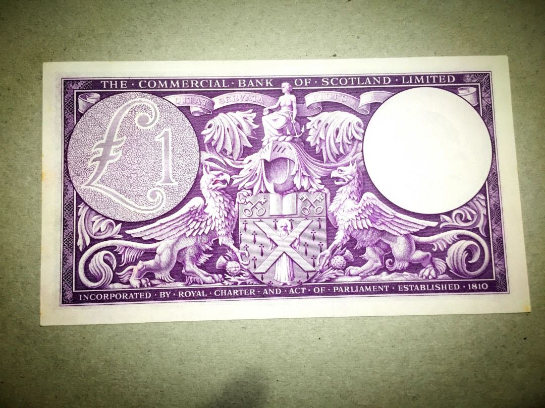 【收藏联盟】第143期拍卖——毒蛇传说（共60拍） 苏格兰 商业银行 1947年1镑 UNC- （边缘有几点小黄）稀少 双雕非常精美 