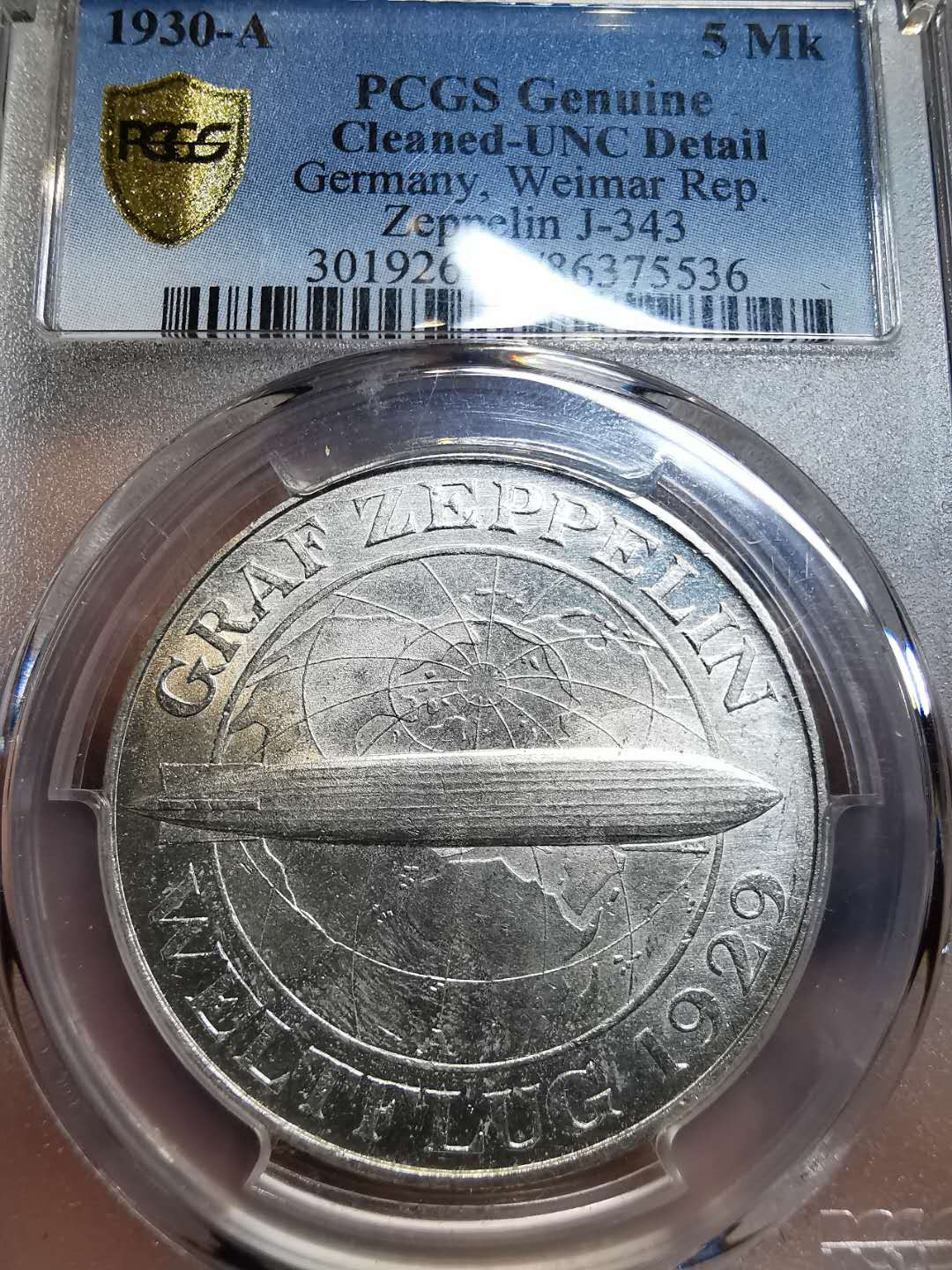 凡希社外币AI第三场 材料铺子 1930魏玛齐柏林飞艇5马克PCGS-AUD