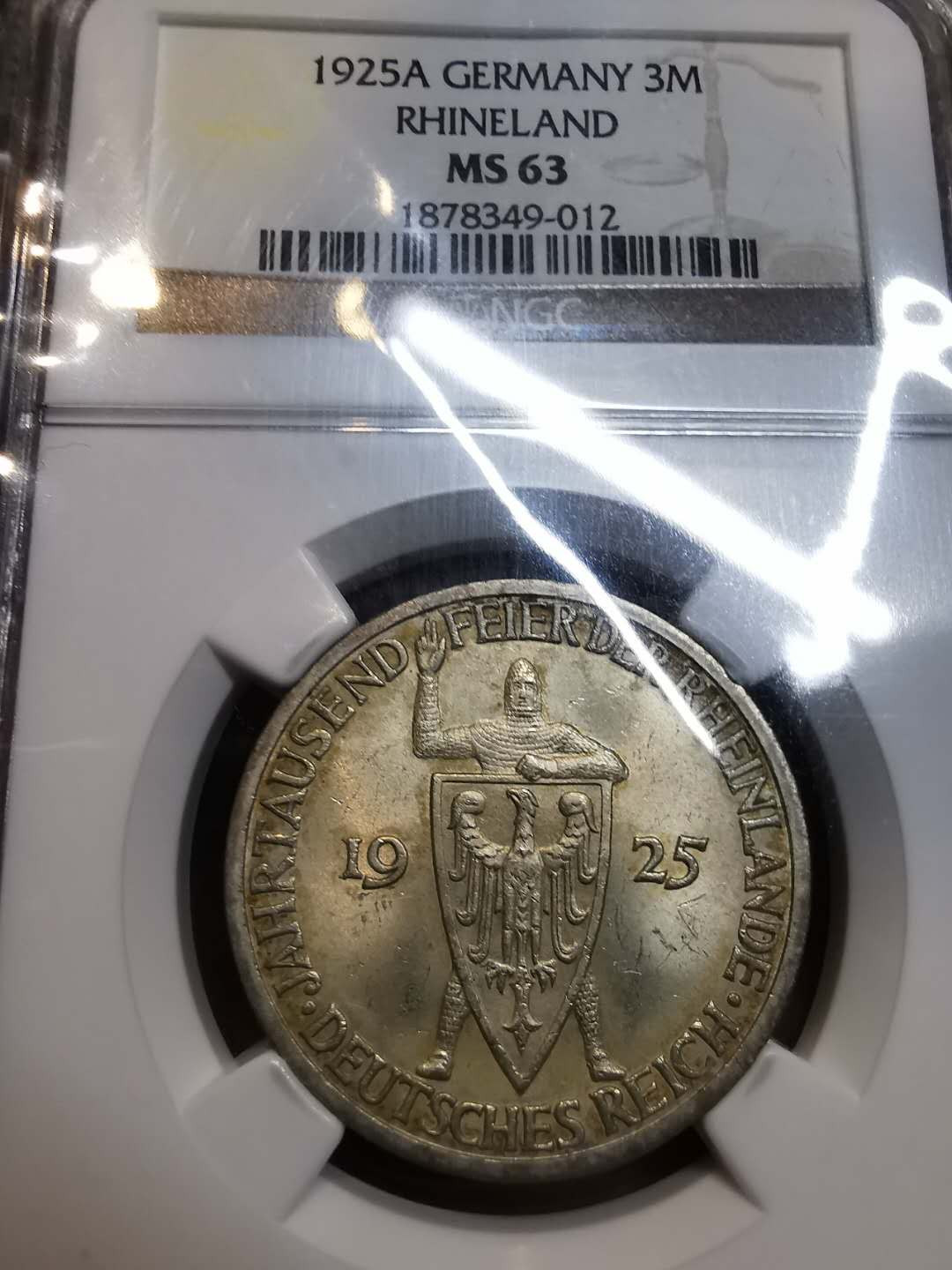 凡希社外币AI第三场 材料铺子 1925魏玛莱茵兰3马克NGC-MS63