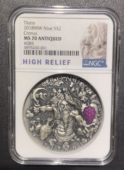 【随心拍&Getcoins】现代钱币第五十四期拍卖 纽埃2018年希腊泰坦神农神镶葡萄2盎司高浮雕银币NGC70