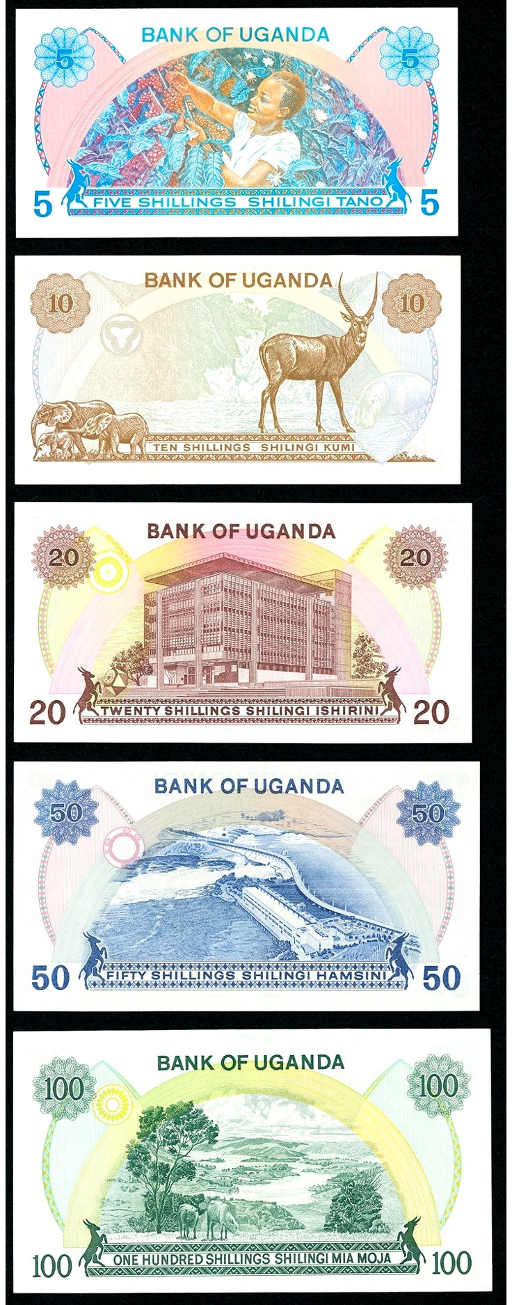 【收藏联盟】第144期拍卖——六一儿童节专场（共61拍） 【一组5张】乌干达 1973-77年5-100先令全新UNC