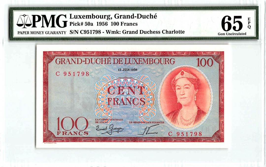 【收藏联盟】第144期拍卖——六一儿童节专场（共61拍） 卢森堡 早期 1956年100法郎 PMG65EPQ p50a 女大公夏洛特 非常漂亮
