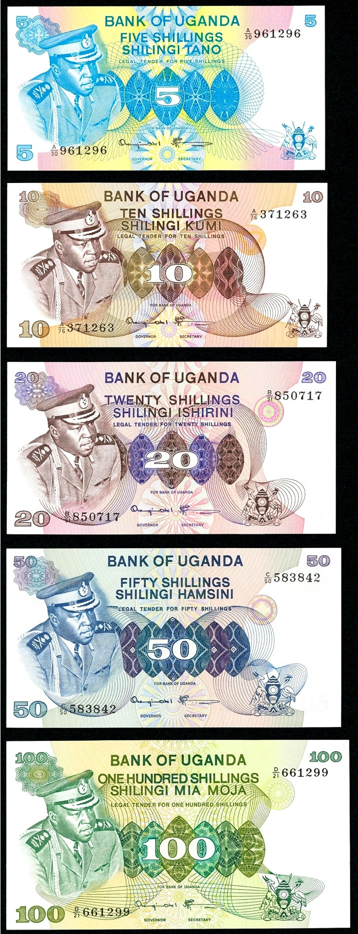 【收藏联盟】第144期拍卖——六一儿童节专场（共61拍） 【一组5张】乌干达 1973-77年5-100先令全新UNC