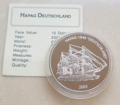 【随心拍&Getcoins】现代钱币第五十四期拍卖 利比里亚2003年德意志号海船纪念银币  925银25克，发行2500枚，带证书。