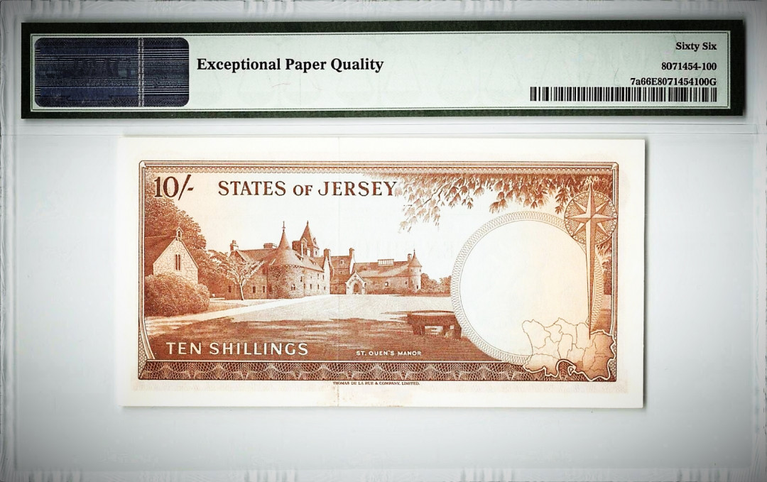 【收藏联盟】第144期拍卖——六一儿童节专场（共61拍） 泽西 1963年10先令 PMG66EPQ p7a 戎装女王 城堡 非常漂亮