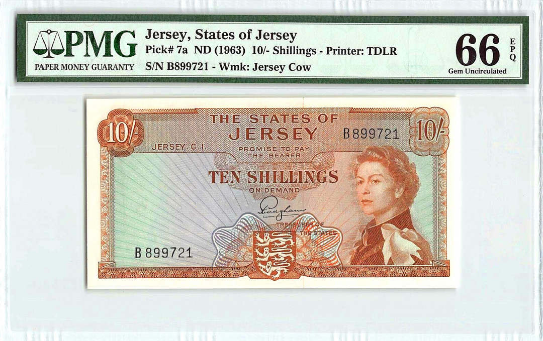 【收藏联盟】第144期拍卖——六一儿童节专场（共61拍） 泽西 1963年10先令 PMG66EPQ p7a 戎装女王 城堡 非常漂亮