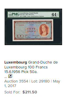 【收藏联盟】第144期拍卖——六一儿童节专场（共61拍） 卢森堡 早期 1956年100法郎 PMG65EPQ p50a 女大公夏洛特 非常漂亮