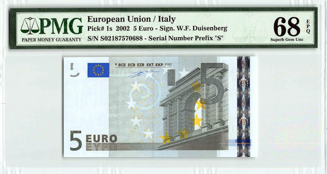 【收藏联盟】第144期拍卖——六一儿童节专场（共61拍） 【88尾】欧盟 2002年 首签 5欧元 PMG68EPQ 超高分 意大利版