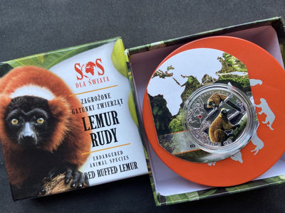 【随心拍&Getcoins】现代钱币第五十四期拍卖 【纽埃】纽埃2014年1元，世界濒危珍稀动物系列(7)红领狐猴，UV数字亮光高清彩色 镶嵌施华洛世奇红宝石 精制银币