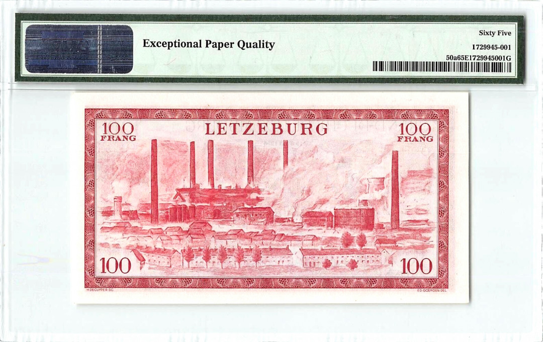 【收藏联盟】第144期拍卖——六一儿童节专场（共61拍） 卢森堡 早期 1956年100法郎 PMG65EPQ p50a 女大公夏洛特 非常漂亮