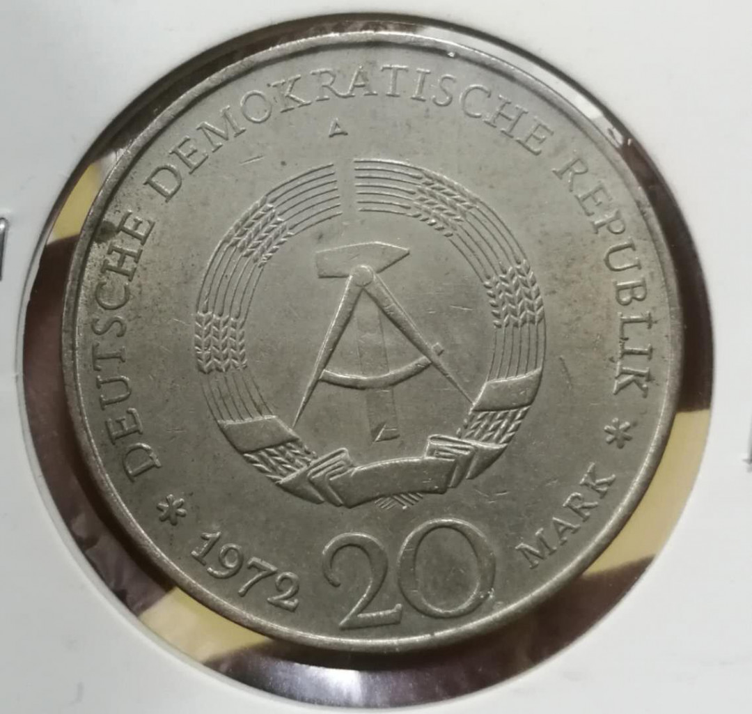 北京马甸外币专卖拍卖第十期，非贵金属硬币专场，陆续上新敬请关注 1972年东德20马克纪念币，品相如图