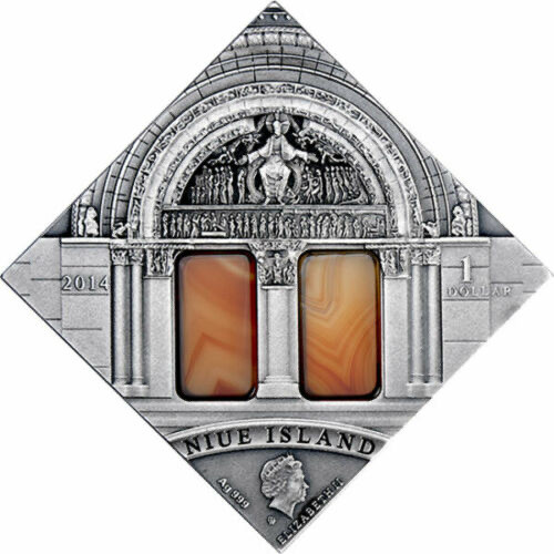 【币观天下】第110期钱币拍卖 【纽埃】纽埃2014年1元，改变世界建筑艺术系列—罗马艺术，镶嵌天然(双块)玛瑙 仿古抗氧 透光 异形(菱形) 艺术精制银币  