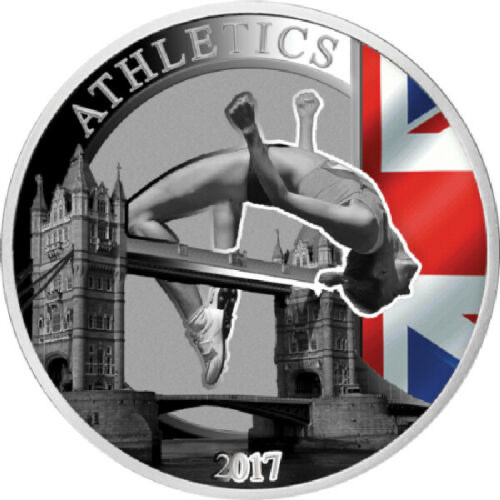 【币观天下】第110期钱币拍卖 【纽埃】纽埃2017年1元，2017年英国伦敦世界田径锦标赛“飞越伦敦塔(桥)”，数字亮光彩色 精制纪念