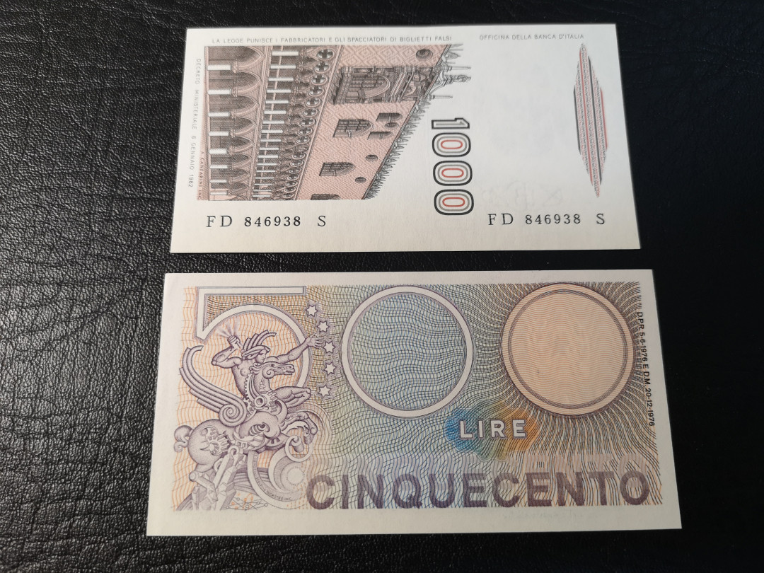 《外钞收藏家》第八十期拍卖 意大利500、100两张小面额  全新unc