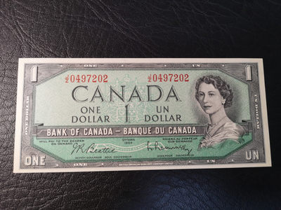 《外钞收藏家》第八十期拍卖 - 加拿大1954年1加元 背面雕刻细腻  全新unc 常见点钞痕