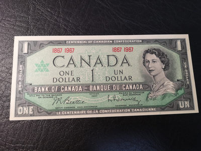 《外钞收藏家》第八十期拍卖 - 加拿大1967年1加元 百年纪念钞 非常精美的一张绿钞 全新unc