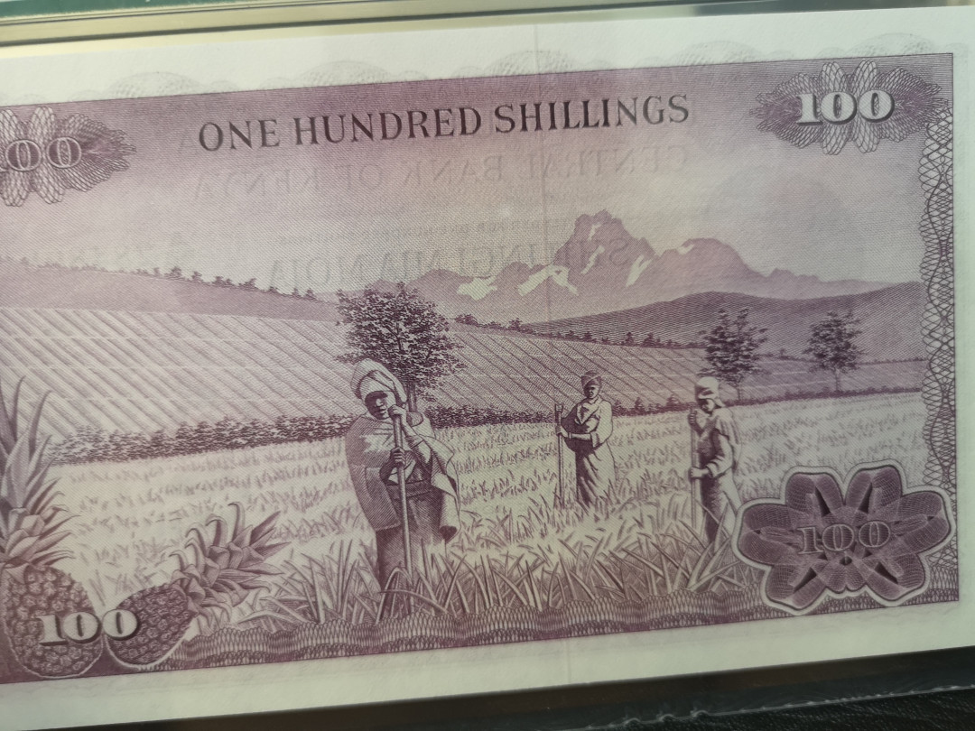 《外钞收藏家》第八十期拍卖 肯尼亚100先令 背面精美风景 pmg66