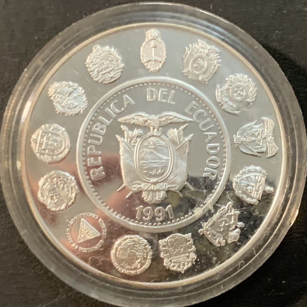 紫瑗钱币—微拍第73期  厄瓜多尔 1991年 发现美洲 帆船 5000苏克雷 27克 0.925银 精制