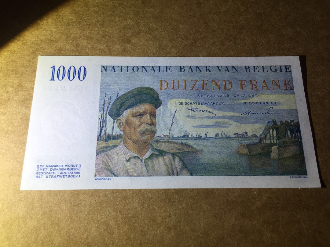 【收藏联盟】第145期拍卖——慧眼识珠（共50拍） 比利时 1950年 1000法郎 p131 UNC 法属风经典船长 精美