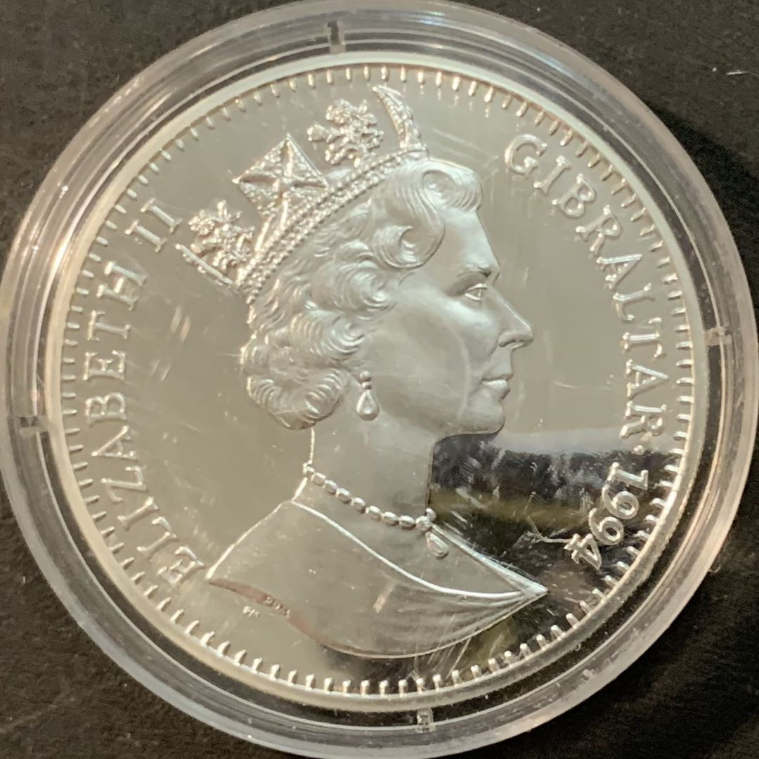 紫瑗钱币—微拍第73期  直布罗陀 1994年 英法隧道通车百年 21埃局 25克 0.925银 精制