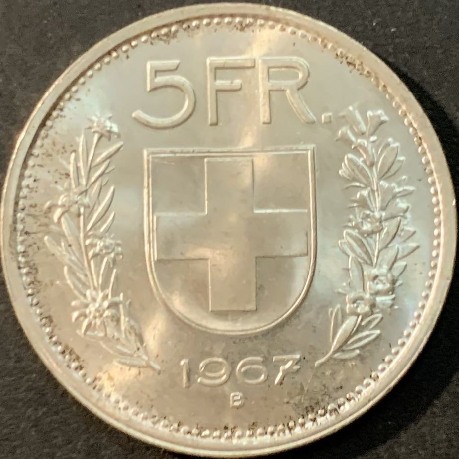 紫瑗钱币—微拍第73期  瑞士 1967年 5法郎 15克 0.835银 UNC