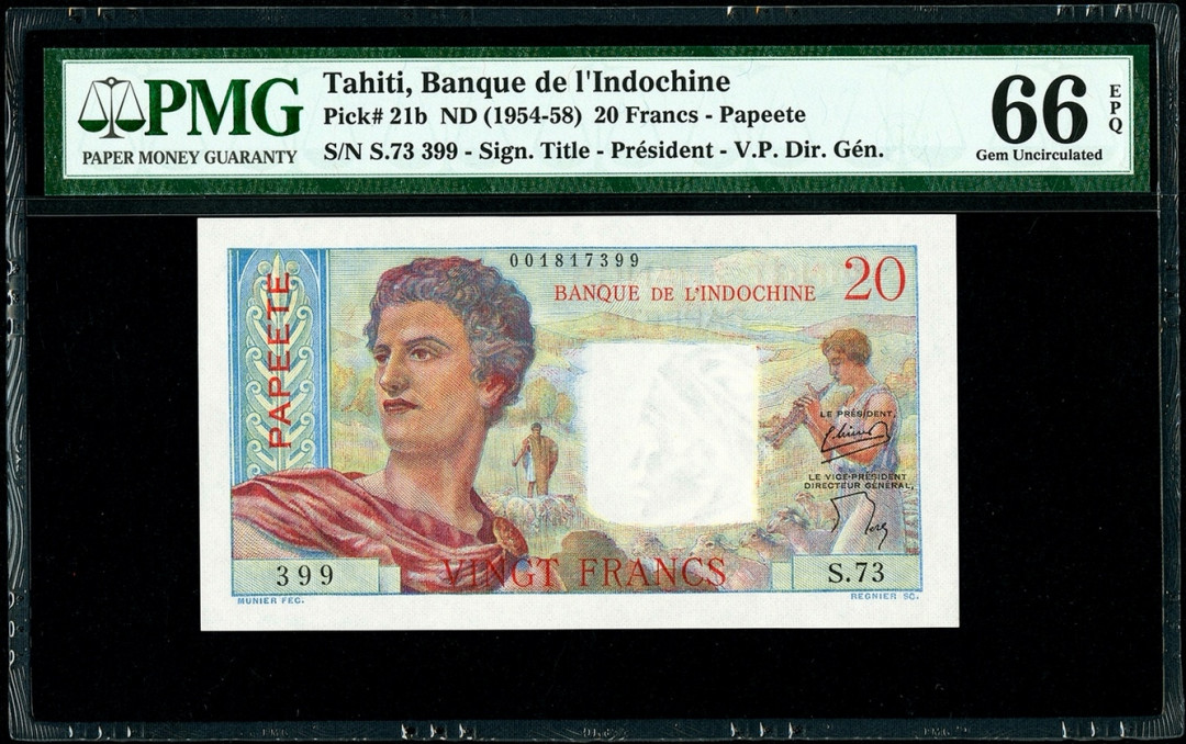 【收藏联盟】第145期拍卖——慧眼识珠（共50拍） 塔希提 1954～58年 20法郎 p21b早期版本 PMG66EPQ 色彩艳丽 精美