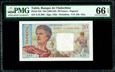 【收藏联盟】第145期拍卖——慧眼识珠（共50拍） - 塔希提 1954～58年 20法郎 p21b早期版本 PMG66EPQ 色彩艳丽 精美