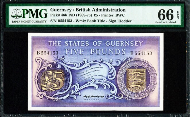 【收藏联盟】第145期拍卖——慧眼识珠（共50拍） 【早期b版】根西岛 1969～75年 5镑 经典彩背 PMG66EPQ 非常漂亮 BWC出品