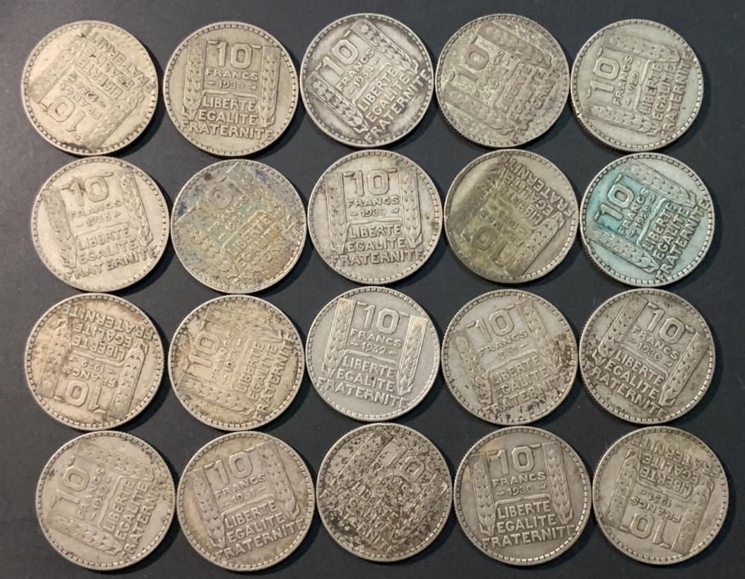 紫瑗钱币—微拍第73期  法国 1929—1939年 自由女神 10法郎 20枚一组 共200克 0.68银 