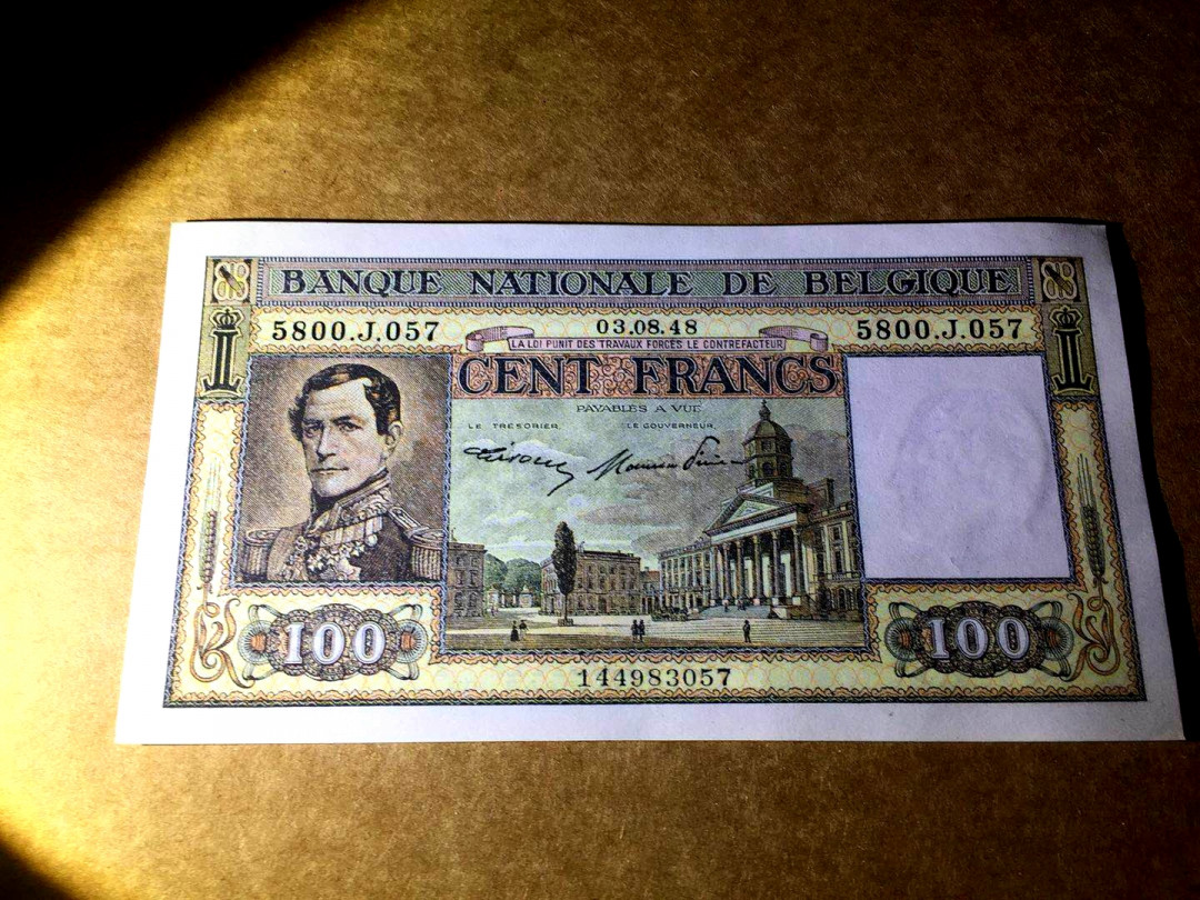 【收藏联盟】第145期拍卖——慧眼识珠（共50拍） 比利时早期 1947年100法郎 p126 国王利奥波德一世 背面经典名画 UNC-
