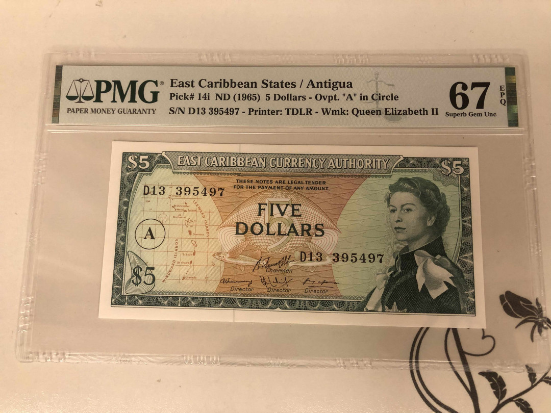 【收藏联盟】第145期拍卖——慧眼识珠（共50拍） 东加勒比 1965年5元 PMG67EPQ  戎装女王