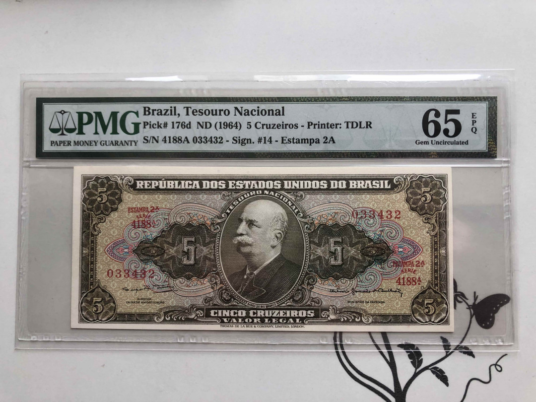 【收藏联盟】第145期拍卖——慧眼识珠（共50拍） 巴西 1964年 5克鲁塞罗 PMG65EPQ