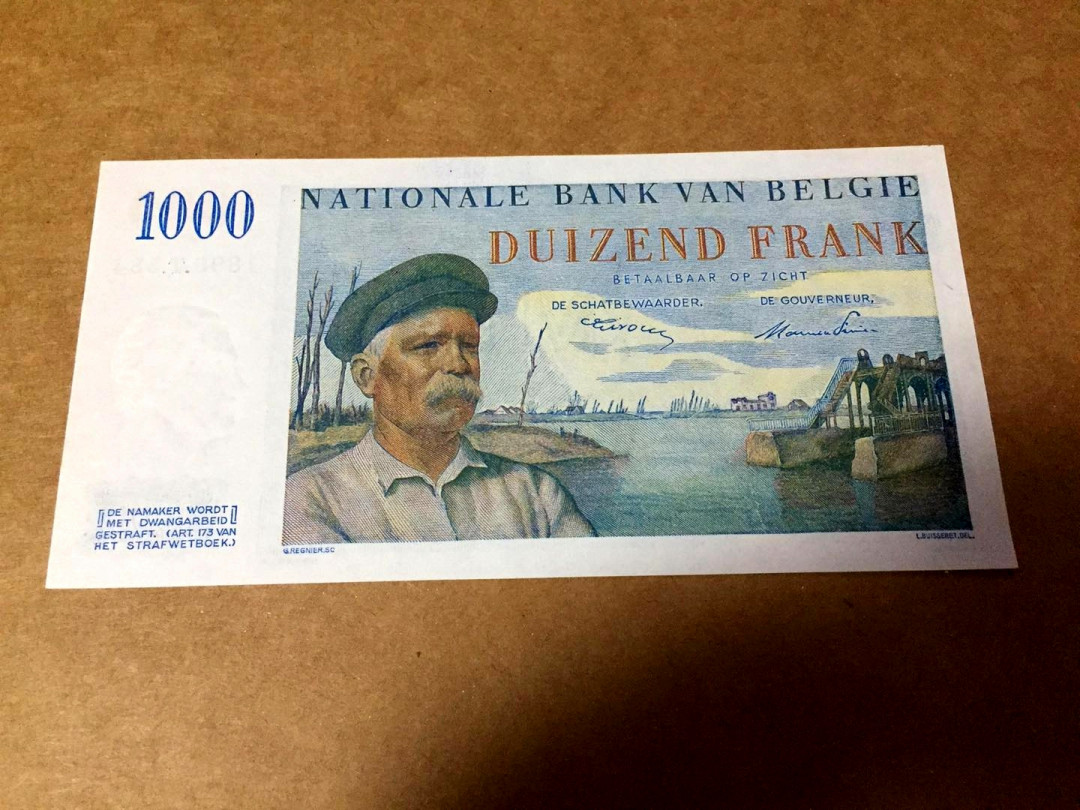 【收藏联盟】第145期拍卖——慧眼识珠（共50拍） 比利时 1950年 1000法郎 p131 UNC 法属风经典船长 精美