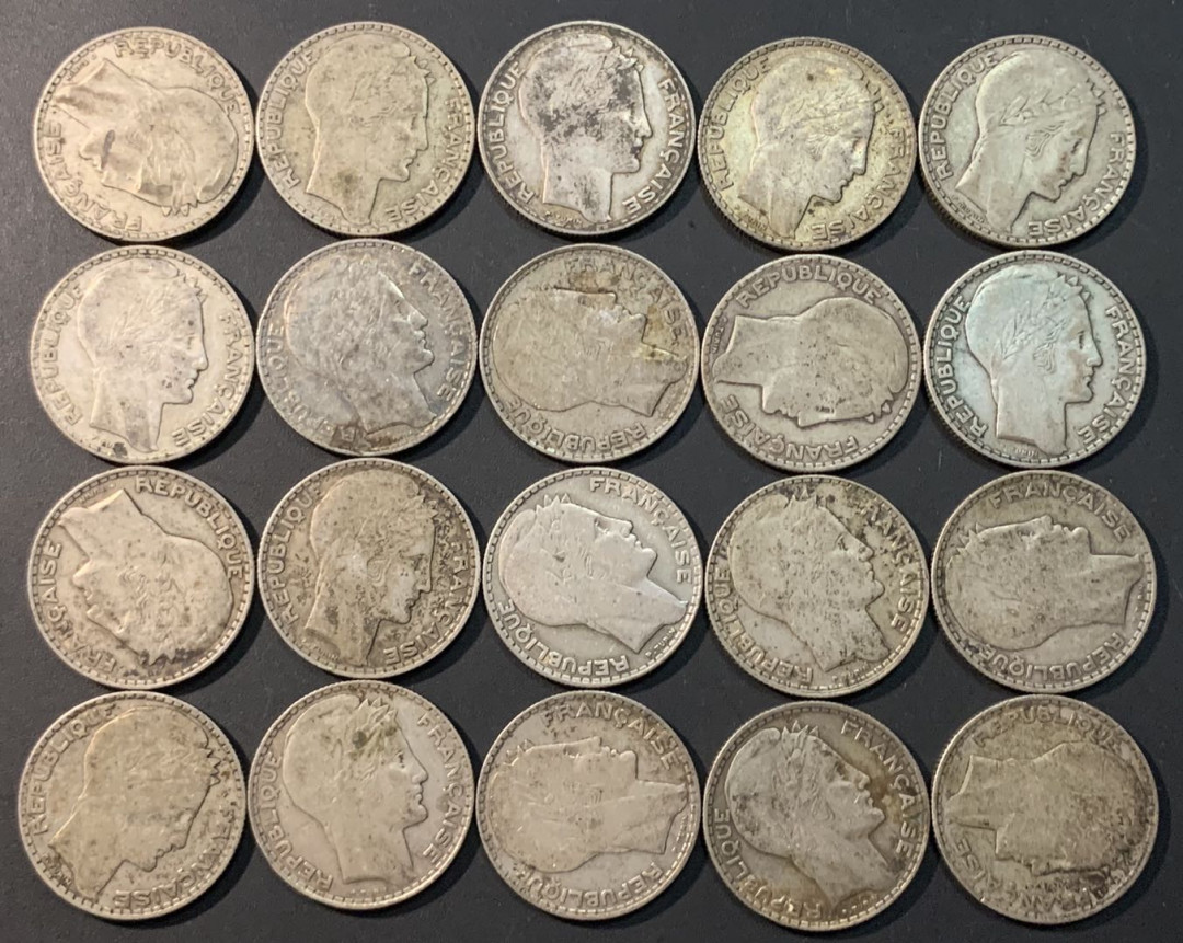 紫瑗钱币—微拍第73期  法国 1929—1939年 自由女神 10法郎 20枚一组 共200克 0.68银 