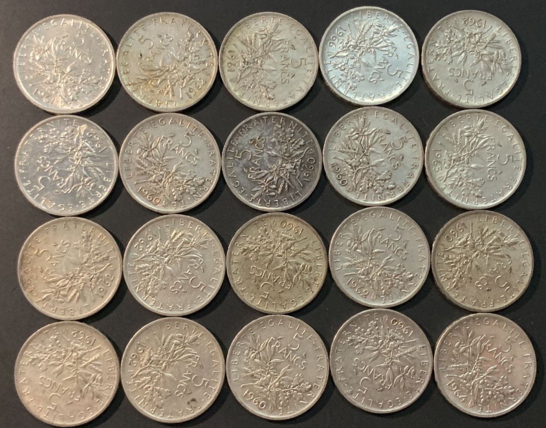 紫瑗钱币—微拍第73期  法国 1960—1969年 播种 5法郎 20枚一组 共240克 0.835银